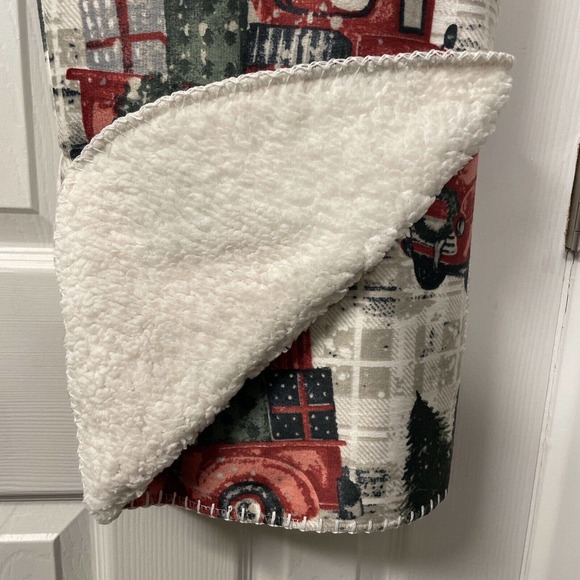 RED TRUCKS Plaid 50x70 Throw Blanket Christmas Tree by Dream Home Sherpa Back - Picture 8 of 10